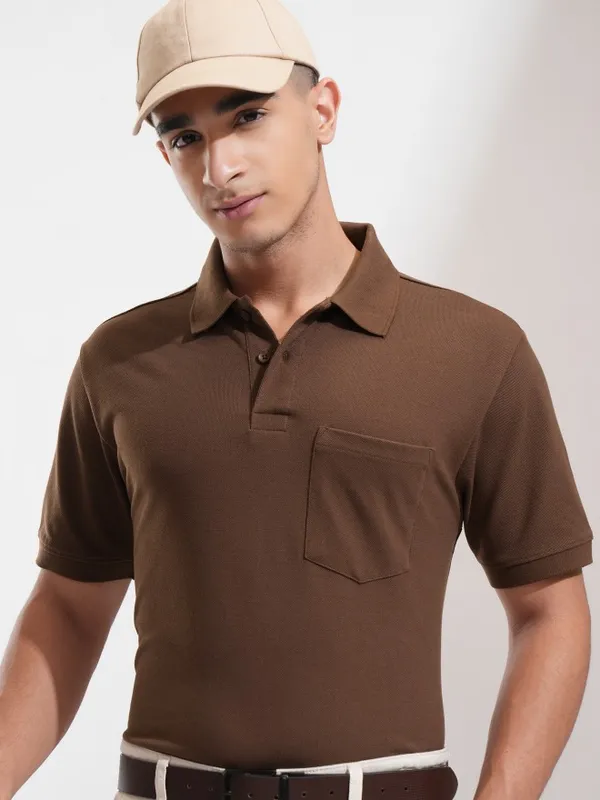 Highlander Men Brown Solid Polo Collar T-Shirt