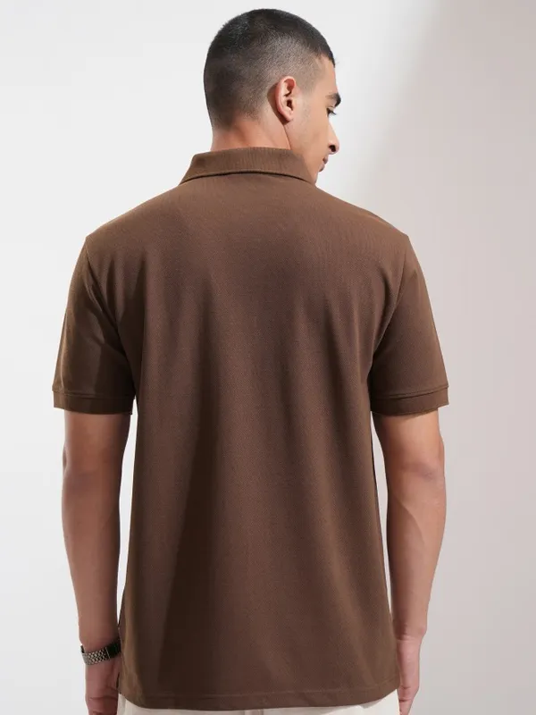 Highlander Men Brown Solid Polo Collar T-Shirt