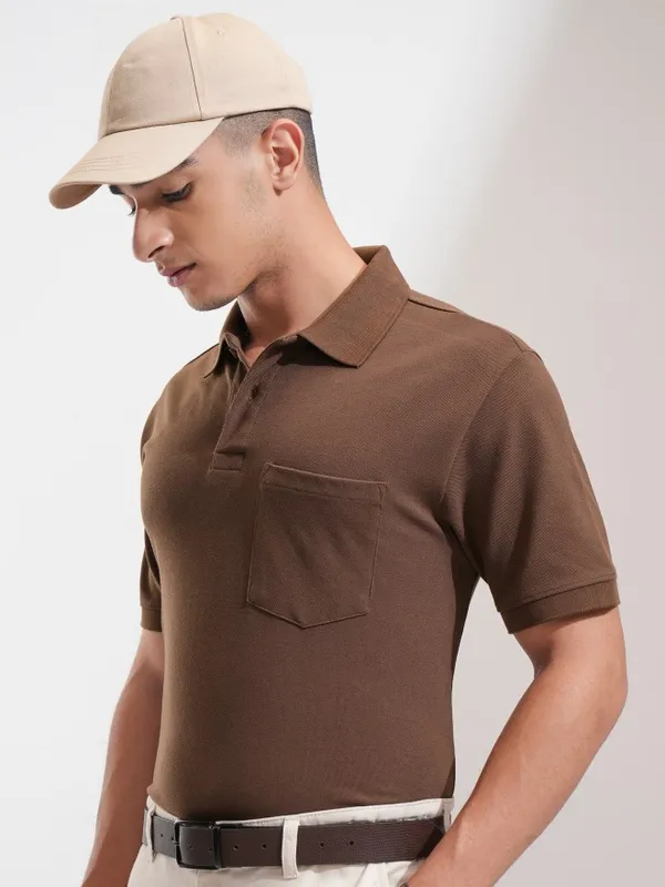Highlander Men Brown Solid Polo Collar T-Shirt