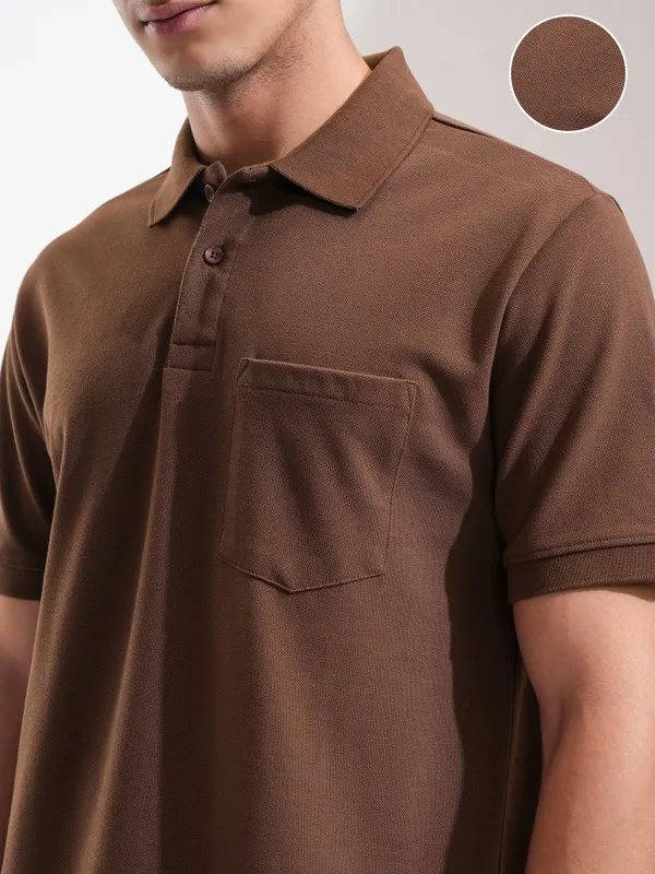 Highlander Men Brown Solid Polo Collar T-Shirt