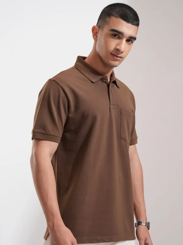 Highlander Men Brown Solid Polo Collar T-Shirt