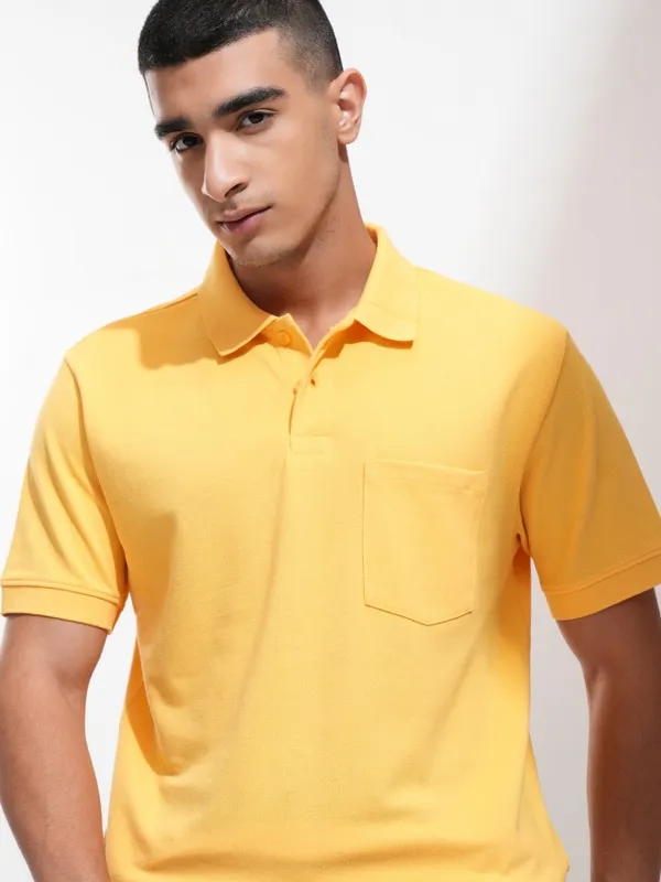 Highlander Men Yellow Solid Polo Collar T-Shirt