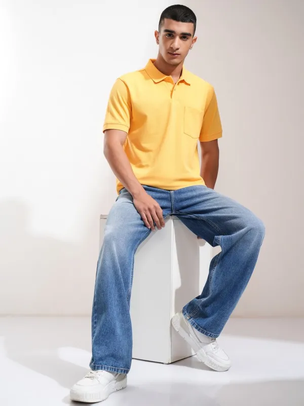 Highlander Men Yellow Solid Polo Collar T-Shirt