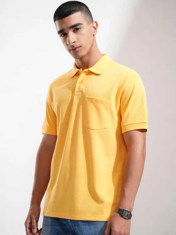 Highlander Men Yellow Solid Polo Collar T-Shirt