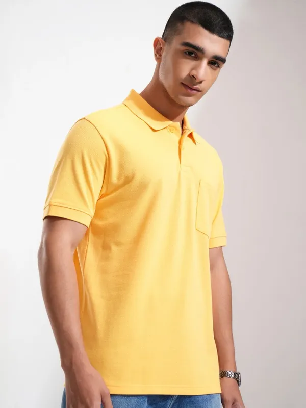 Highlander Men Yellow Solid Polo Collar T-Shirt