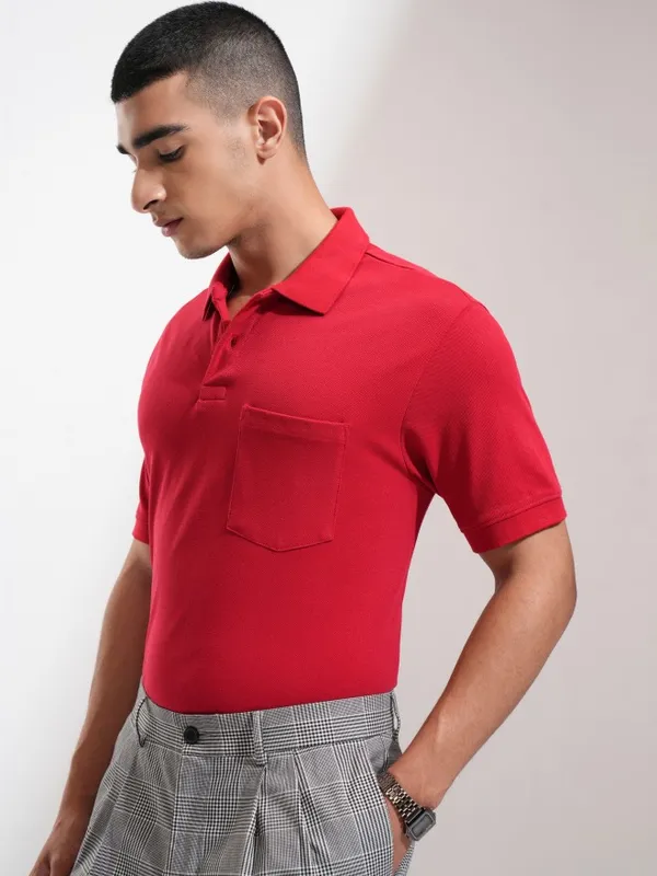 Highlander Men Maroon Solid Polo Collar T-Shirt