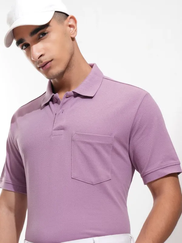 Highlander Men Mauve Solid Polo Collar T-Shirt