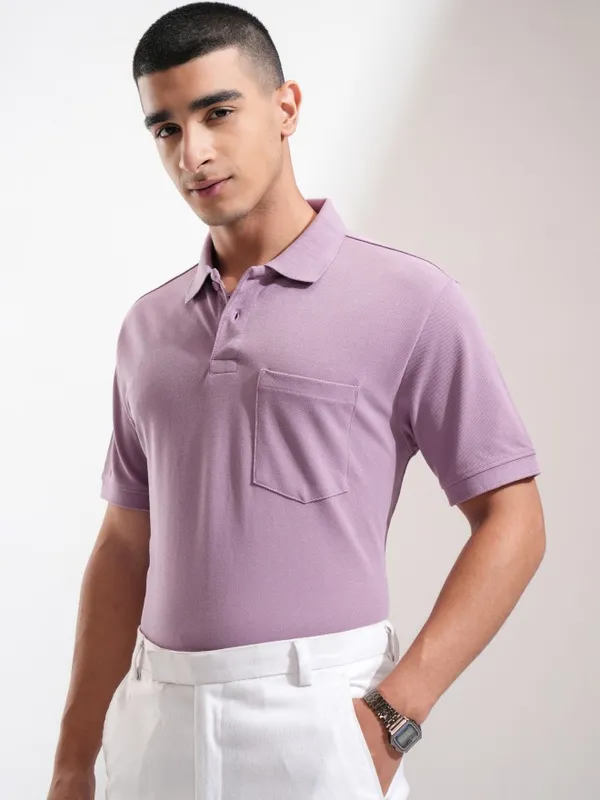 Highlander Men Mauve Solid Polo Collar T-Shirt