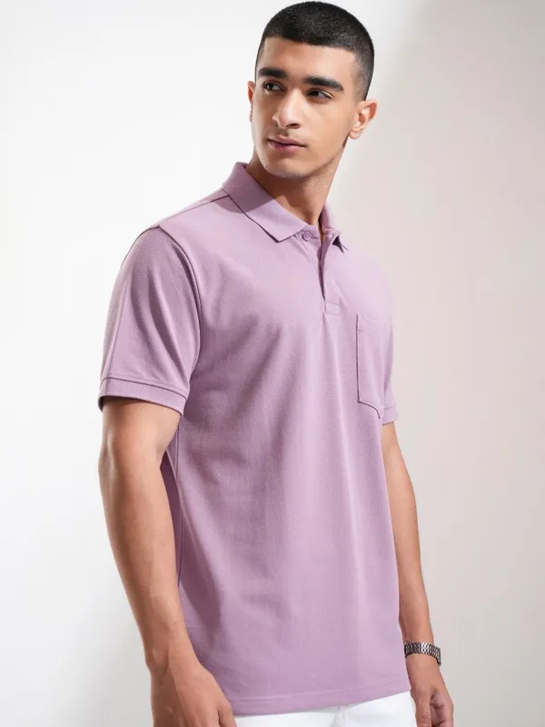 Highlander Men Mauve Solid Polo Collar T-Shirt