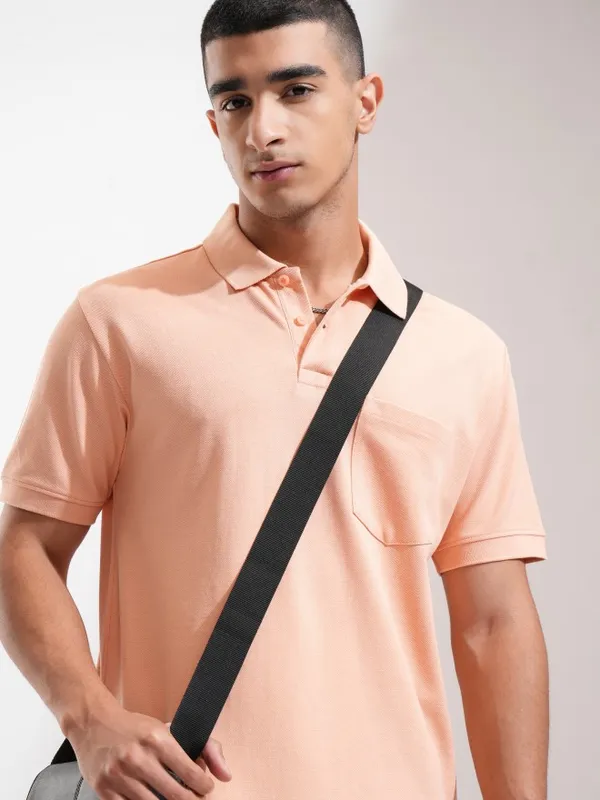 Highlander Men Coral Solid Polo Collar T-Shirt
