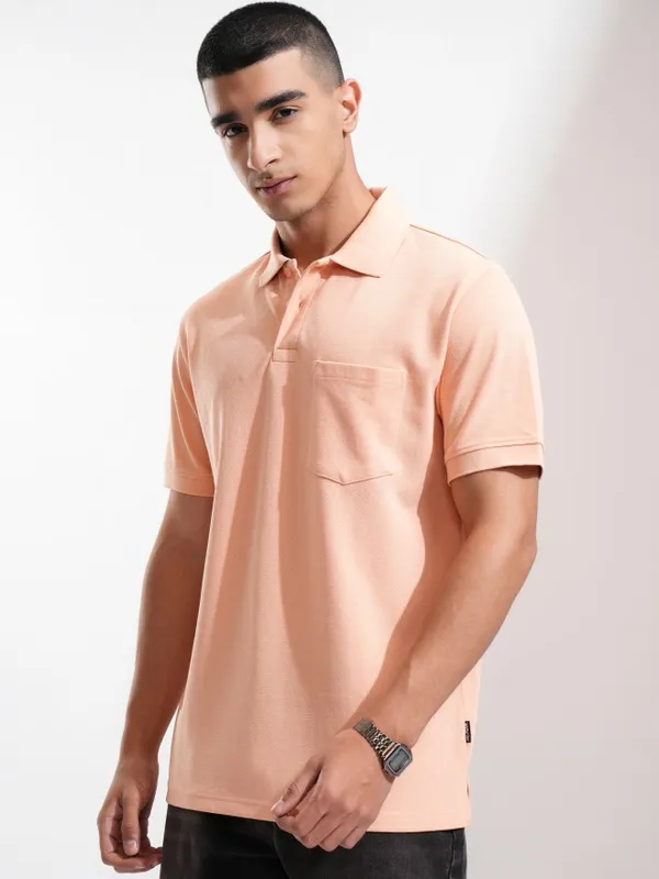 Highlander Men Coral Solid Polo Collar T-Shirt