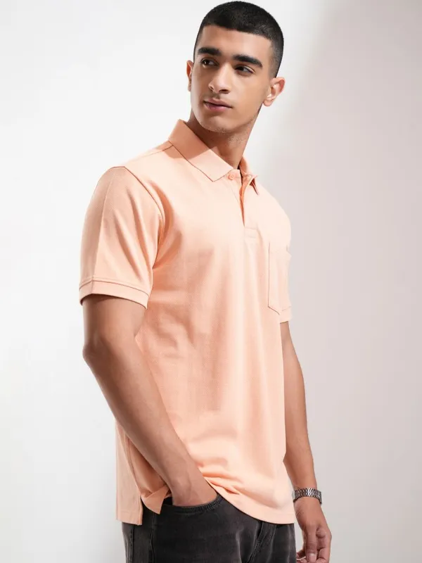Highlander Men Coral Solid Polo Collar T-Shirt