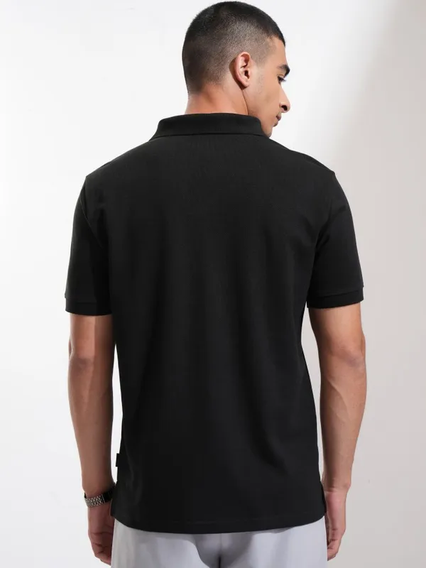 Highlander Men Black Solid Polo Collar T-Shirt