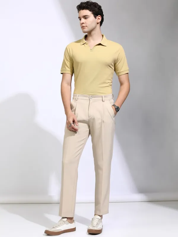 Highlander Men Beige Solid Polo Collar T-Shirt