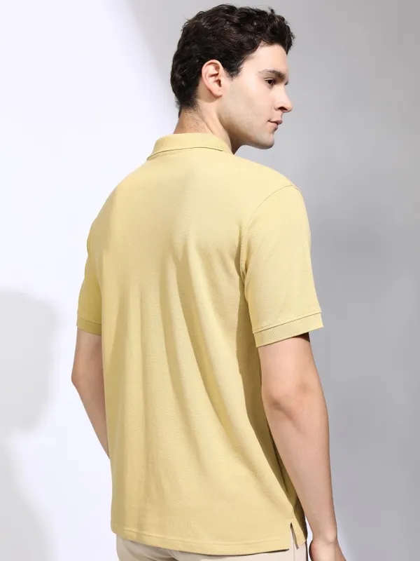 Highlander Men Beige Solid Polo Collar T-Shirt