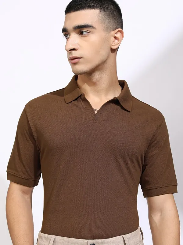 Highlander Men Brown Solid Polo Collar T-Shirt