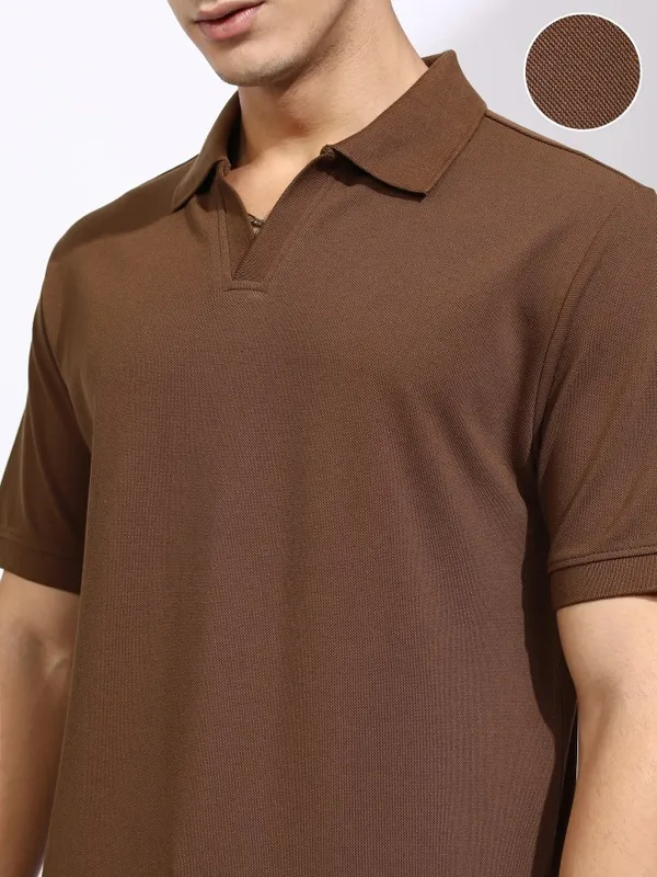 Highlander Men Brown Solid Polo Collar T-Shirt