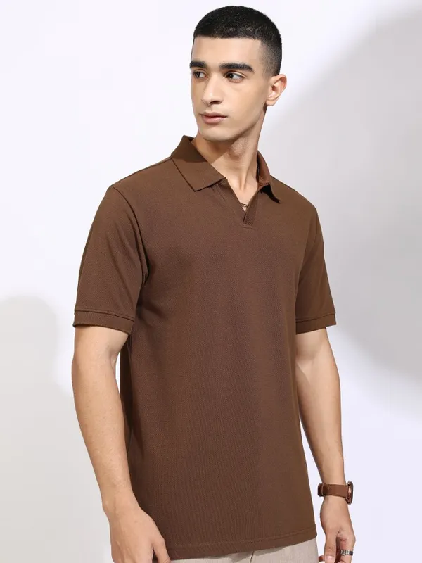 Highlander Men Brown Solid Polo Collar T-Shirt