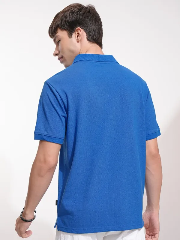 Highlander Men Blue Self Design Polo Collar T-Shirt