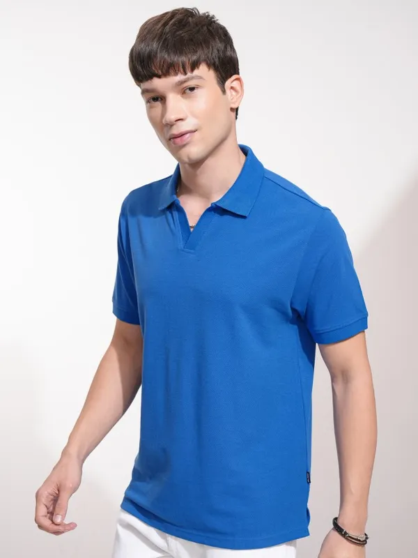 Highlander Men Blue Self Design Polo Collar T-Shirt