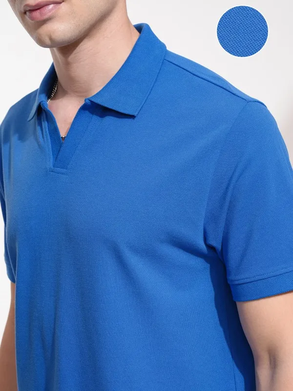Highlander Men Blue Self Design Polo Collar T-Shirt