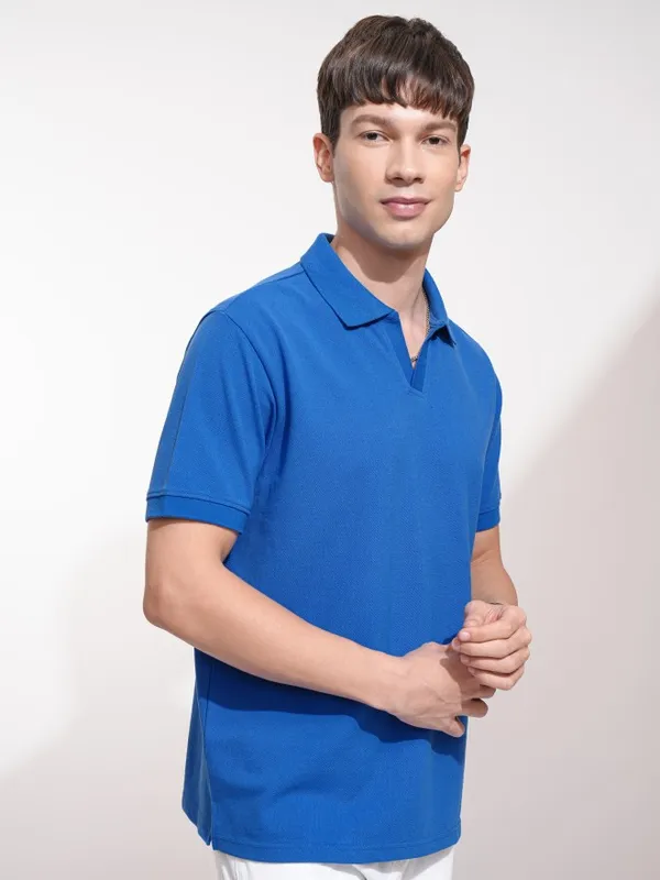 Highlander Men Blue Self Design Polo Collar T-Shirt