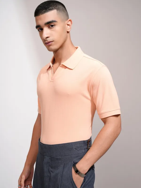Highlander Men Coral Solid Polo Collar T-Shirt