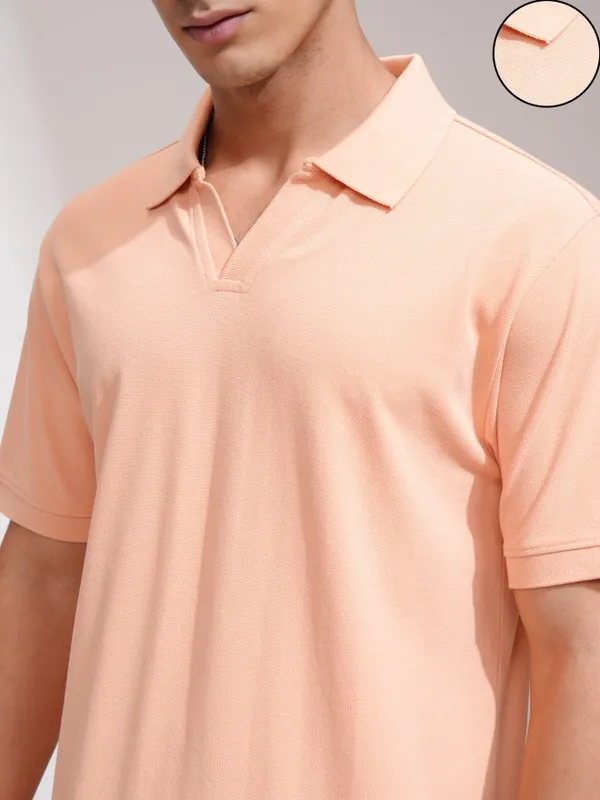 Highlander Men Coral Solid Polo Collar T-Shirt