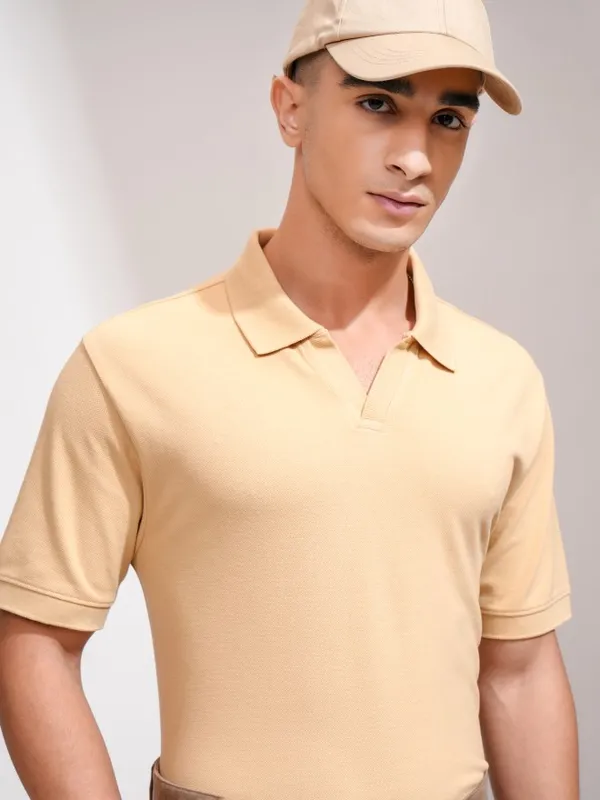 Highlander Men Beige Solid Polo Collar T-Shirt