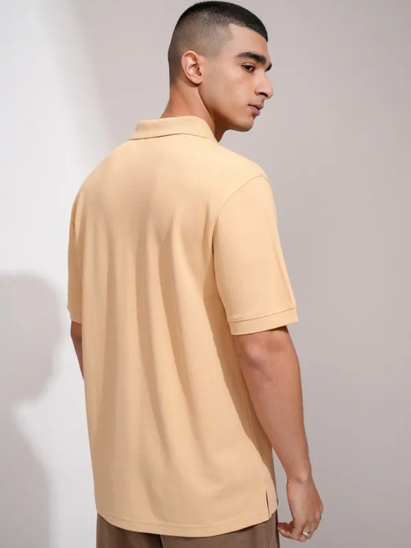 Highlander Men Beige Solid Polo Collar T-Shirt