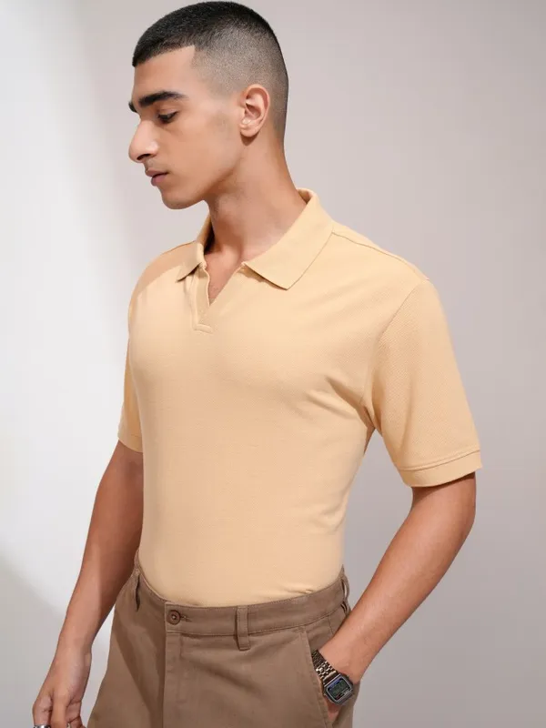 Highlander Men Beige Solid Polo Collar T-Shirt