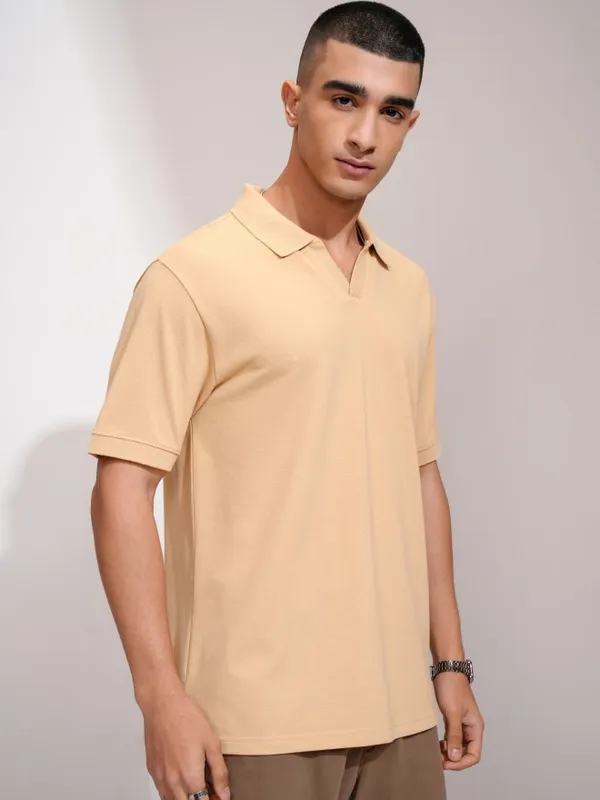 Highlander Men Beige Solid Polo Collar T-Shirt