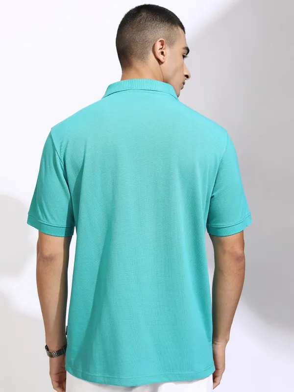 Highlander Men Sea Green Solid Polo Collar T-Shirt