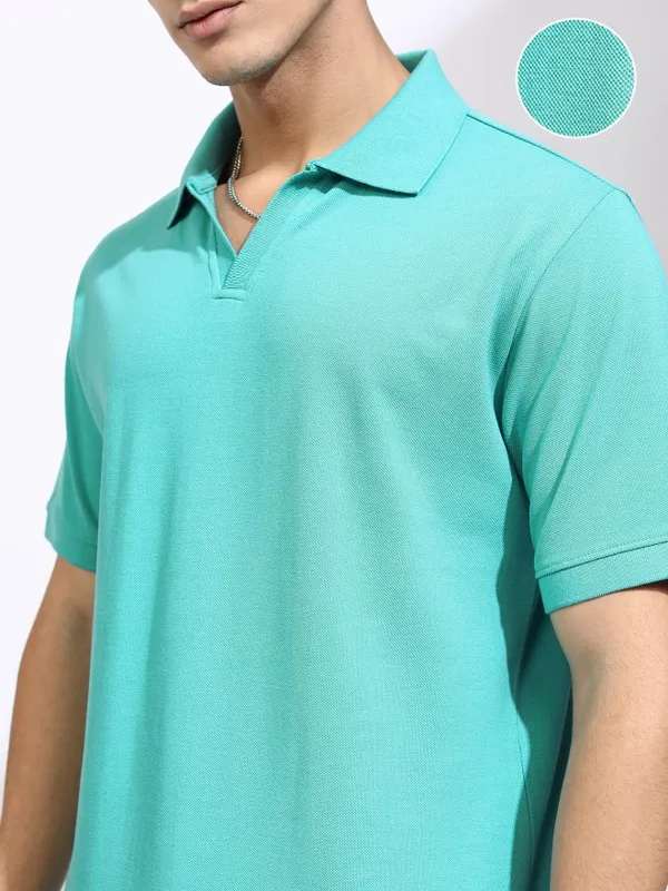 Highlander Men Sea Green Solid Polo Collar T-Shirt