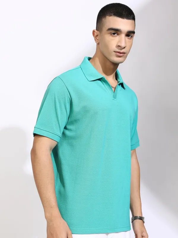 Highlander Men Sea Green Solid Polo Collar T-Shirt