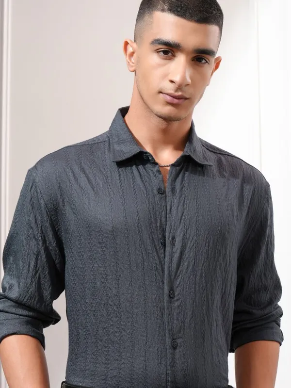 Highlander Men Charcoal Textured Relaxed Fit Casual Shirt