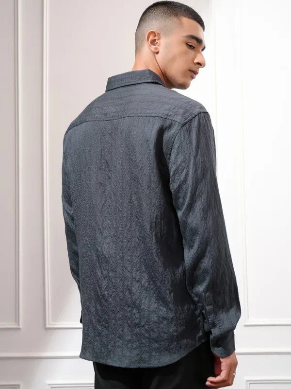 Highlander Men Charcoal Textured Relaxed Fit Casual Shirt
