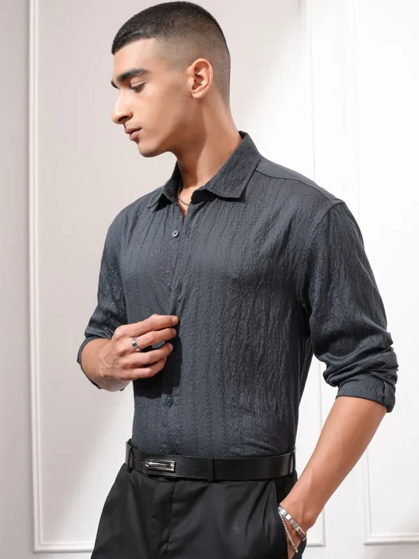 Highlander Men Charcoal Textured Relaxed Fit Casual Shirt