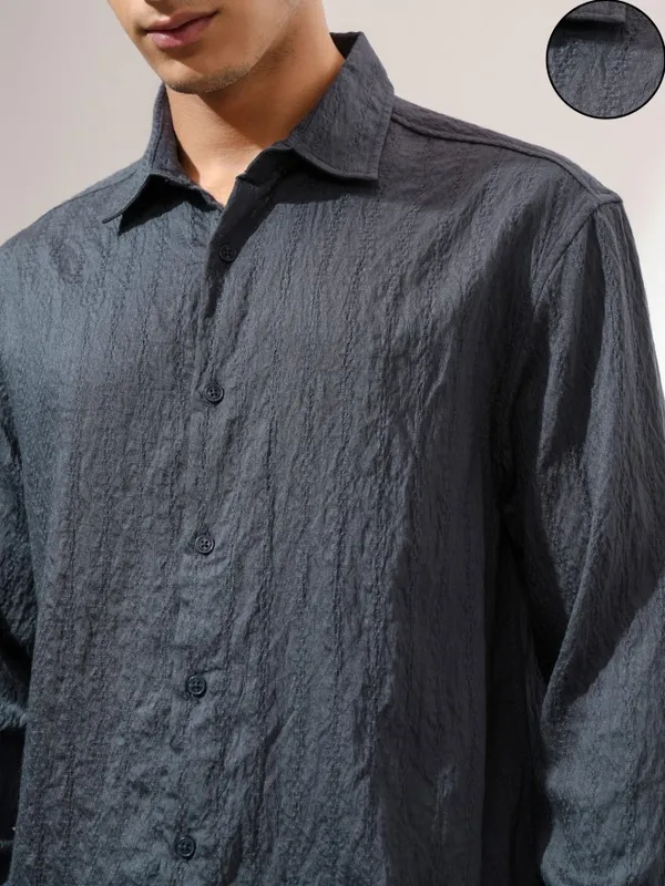 Highlander Men Charcoal Textured Relaxed Fit Casual Shirt