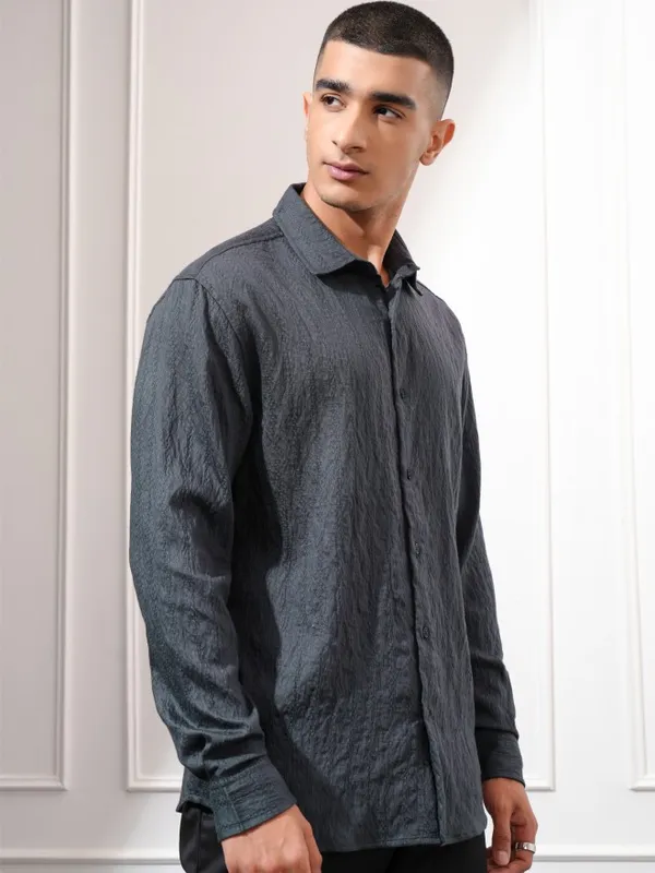 Highlander Men Charcoal Textured Relaxed Fit Casual Shirt