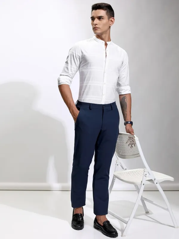 Highlander Men White Striped Regular Fit Casual Shirt