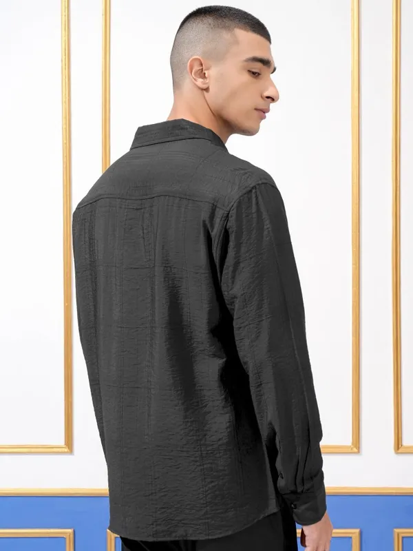 Highlander Men Black Textured Slim Fit Casual Shirt
