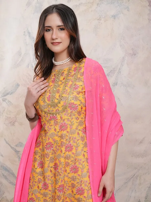 Vishudh Women Mustard Printed Kurta With Palazzos And Dupatta