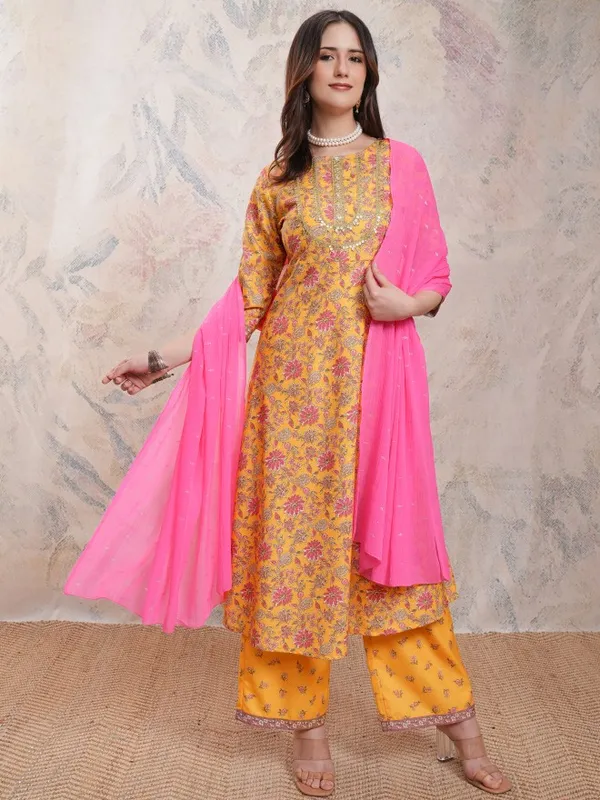 Vishudh Women Mustard Printed Kurta With Palazzos And Dupatta