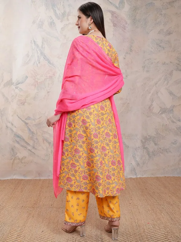 Vishudh Women Mustard Printed Kurta With Palazzos And Dupatta