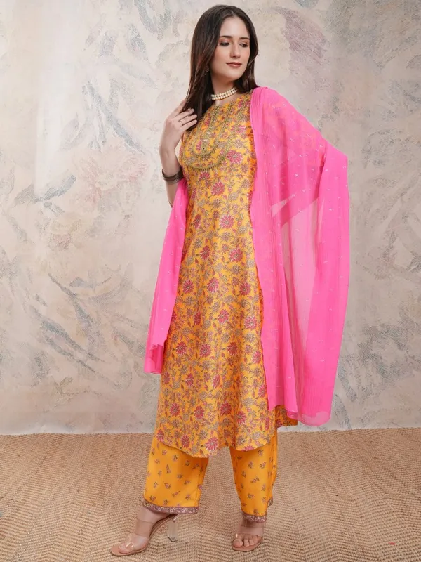 Vishudh Women Mustard Printed Kurta With Palazzos And Dupatta