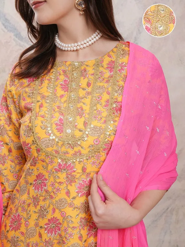 Vishudh Women Mustard Printed Kurta With Palazzos And Dupatta