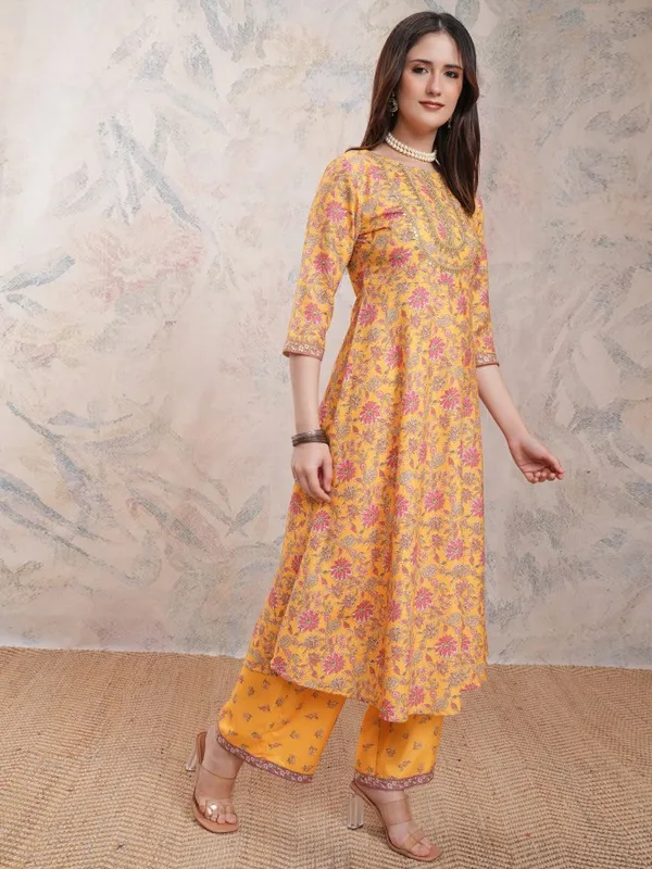 Vishudh Women Mustard Printed Kurta With Palazzos And Dupatta