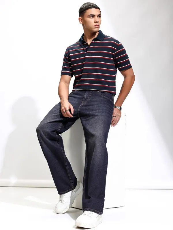 Highlander Men Navy Blue Striped Polo Collar T-Shirt