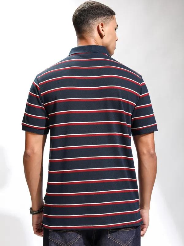 Highlander Men Navy Blue Striped Polo Collar T-Shirt